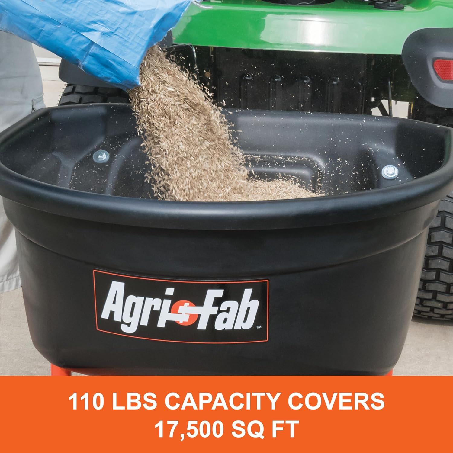 imageAgriFab 450527 110 lb Tow Behind Lawn ampamp Garden Broadcast Spreader for SeedFertilizerSaltIce Melt Easy to use Flow Control from Seat of Riding Lawn Mower110lb Capacity