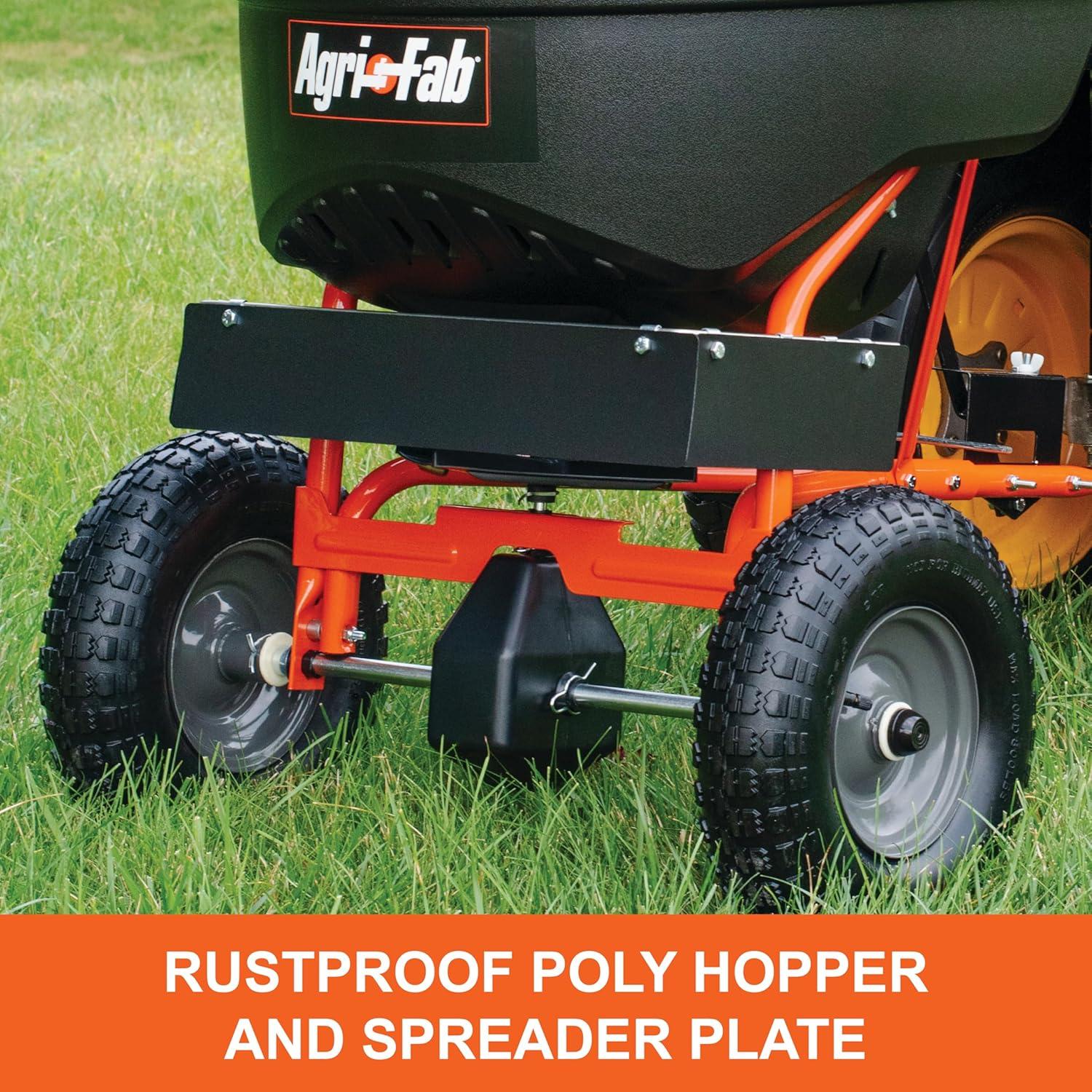 imageAgriFab 450527 110 lb Tow Behind Lawn ampamp Garden Broadcast Spreader for SeedFertilizerSaltIce Melt Easy to use Flow Control from Seat of Riding Lawn Mower110lb Capacity