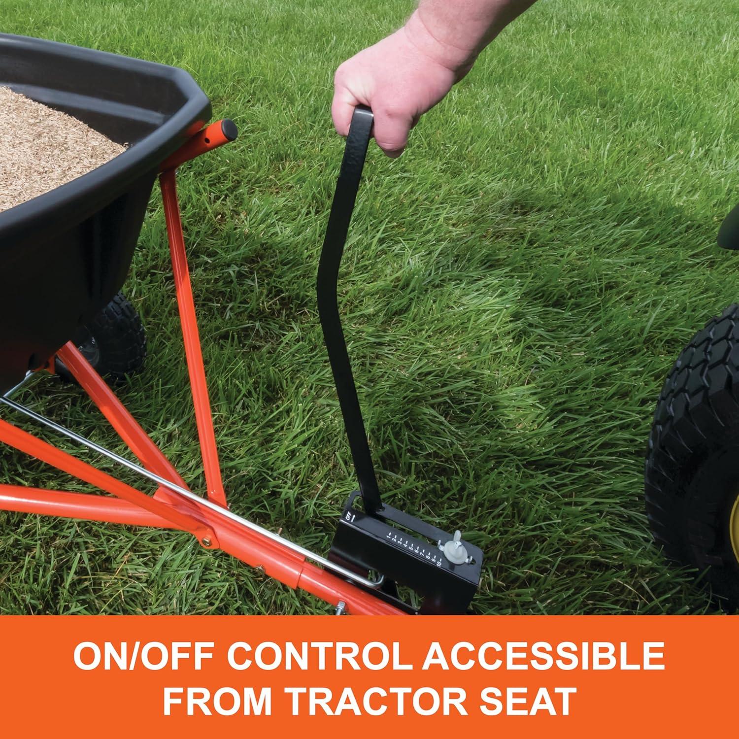 imageAgriFab 450527 110 lb Tow Behind Lawn ampamp Garden Broadcast Spreader for SeedFertilizerSaltIce Melt Easy to use Flow Control from Seat of Riding Lawn Mower110lb Capacity