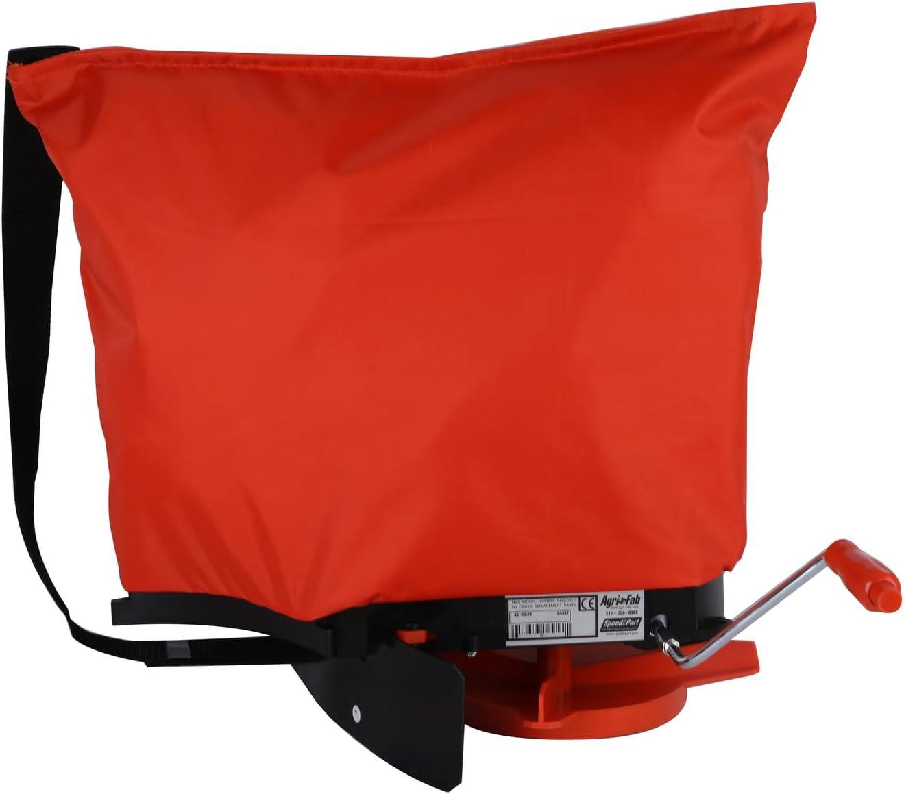 imageAgriFab 450639 25 lb Handheld Bag Seeder Spreader with Waterproof Bag Enclosed Gears Adjustable Shoulder Strap Rear Baffle Orange