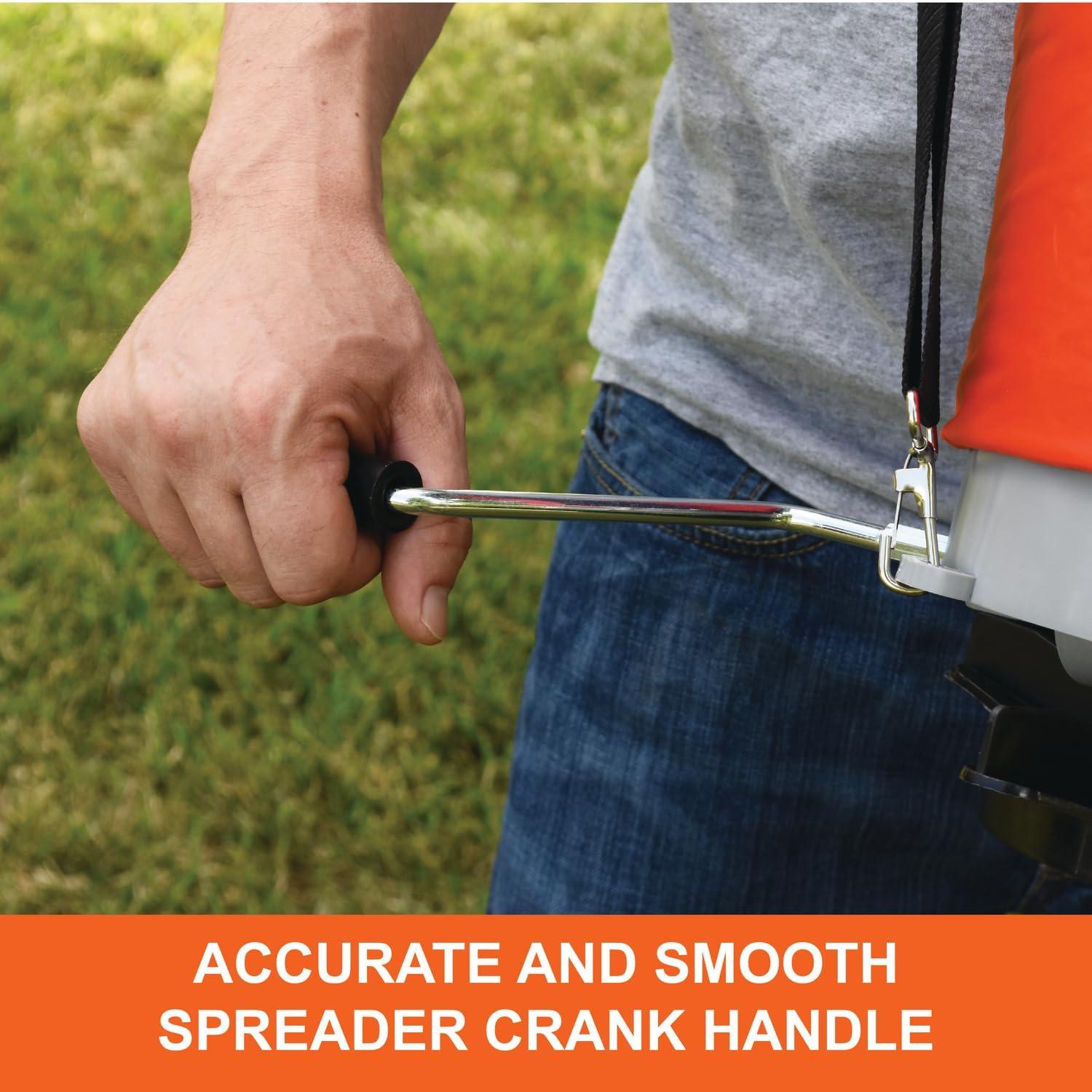 imageAgriFab 450639 25 lb Handheld Bag Seeder Spreader with Waterproof Bag Enclosed Gears Adjustable Shoulder Strap Rear Baffle Orange