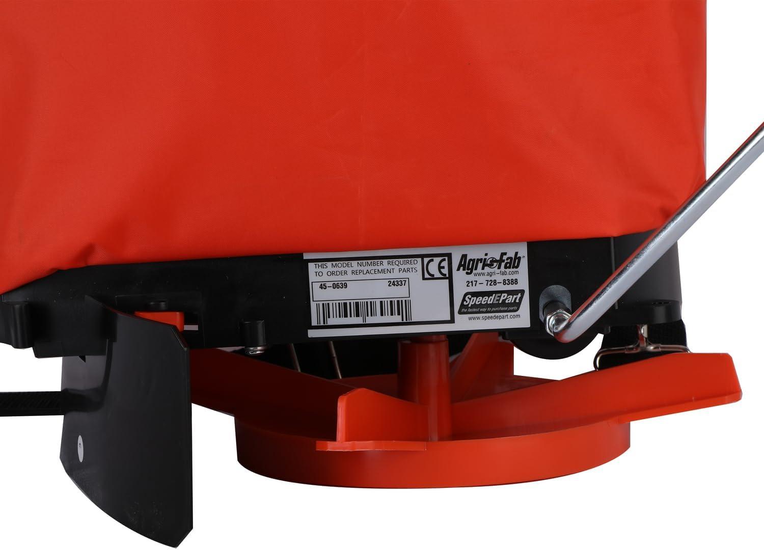imageAgriFab 450639 25 lb Handheld Bag Seeder Spreader with Waterproof Bag Enclosed Gears Adjustable Shoulder Strap Rear Baffle Orange