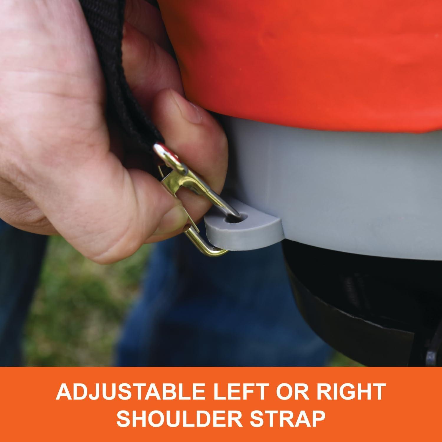 imageAgriFab 450639 25 lb Handheld Bag Seeder Spreader with Waterproof Bag Enclosed Gears Adjustable Shoulder Strap Rear Baffle Orange
