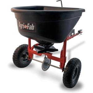 imageAgriFab 450527 110 lb Tow Behind Lawn ampamp Garden Broadcast Spreader for SeedFertilizerSaltIce Melt Easy to use Flow Control from Seat of Riding Lawn Mower110lb Capacity